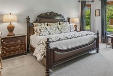 Tommy Bahama King Size Dark Wood Carved Bed & Bedside Table
