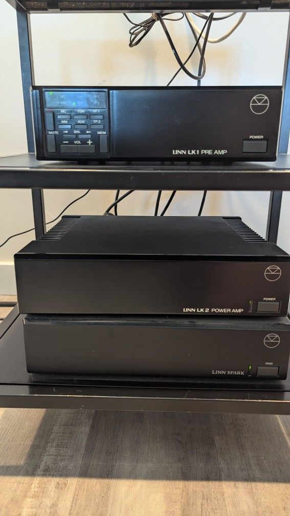 Rare Vintage Linn LK1 Pre Amp, a Linn LK2 Power Amp, and a Linn Spark power supply.