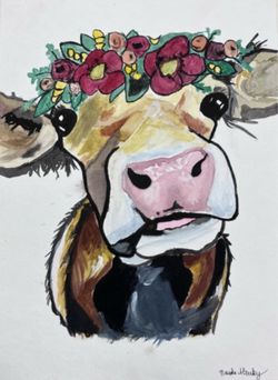 Cow Portrait Floral Crown Water Color Painting POSTER Framed 11*14 Print