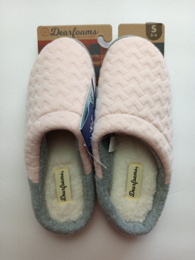 Dearfoams Women's Pink Gray Velour with Memory Foam Slippers 5/6