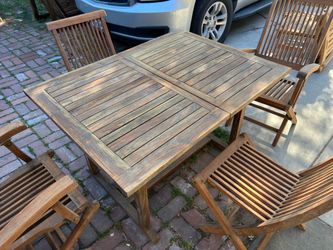 Rectangular Teak Extending Table With 4 Teak Folding Chairs