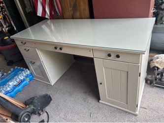 Large Wooden Desk With Glass Top