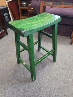 Vintage Distressed Green Wood Saddle Counter Stool (24”) — Slim/Compact