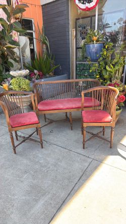 Antique, beautiful wood cane, loveseat, chair, chairs with original velvet red