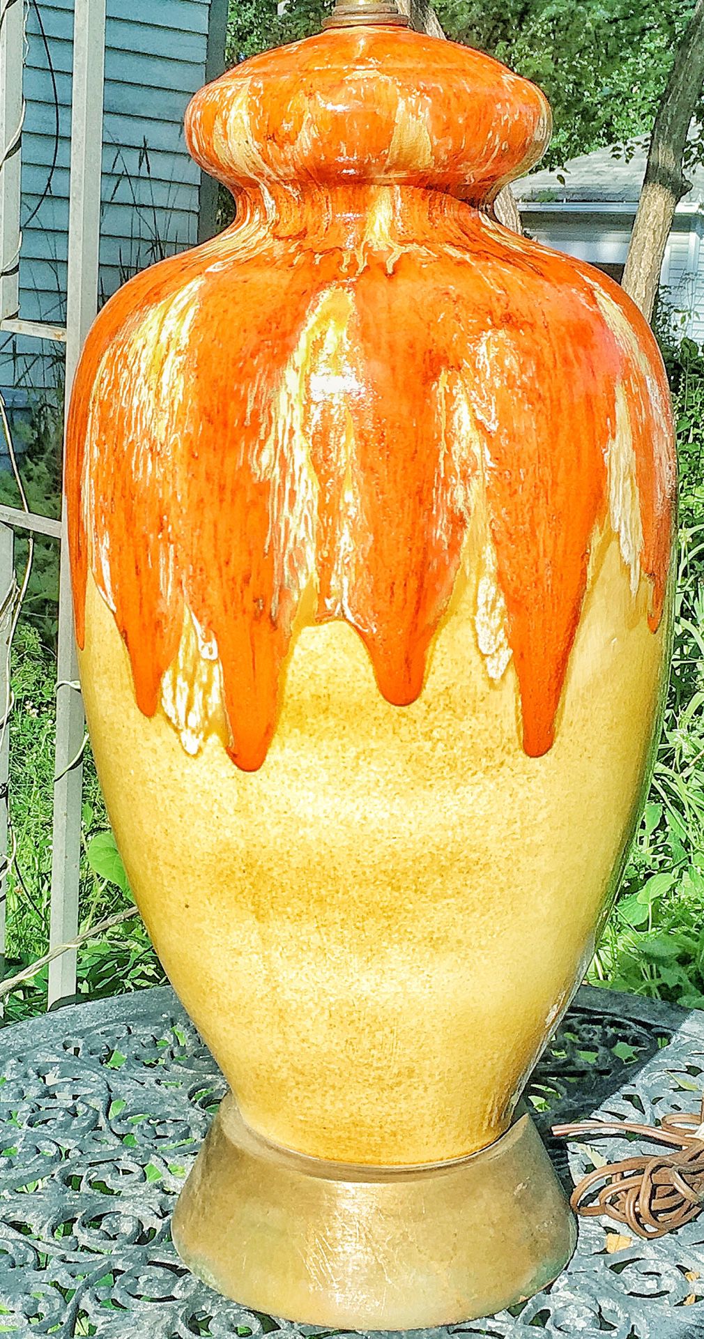 Large mid century lava glazed orange art pottery drip electric table lamp