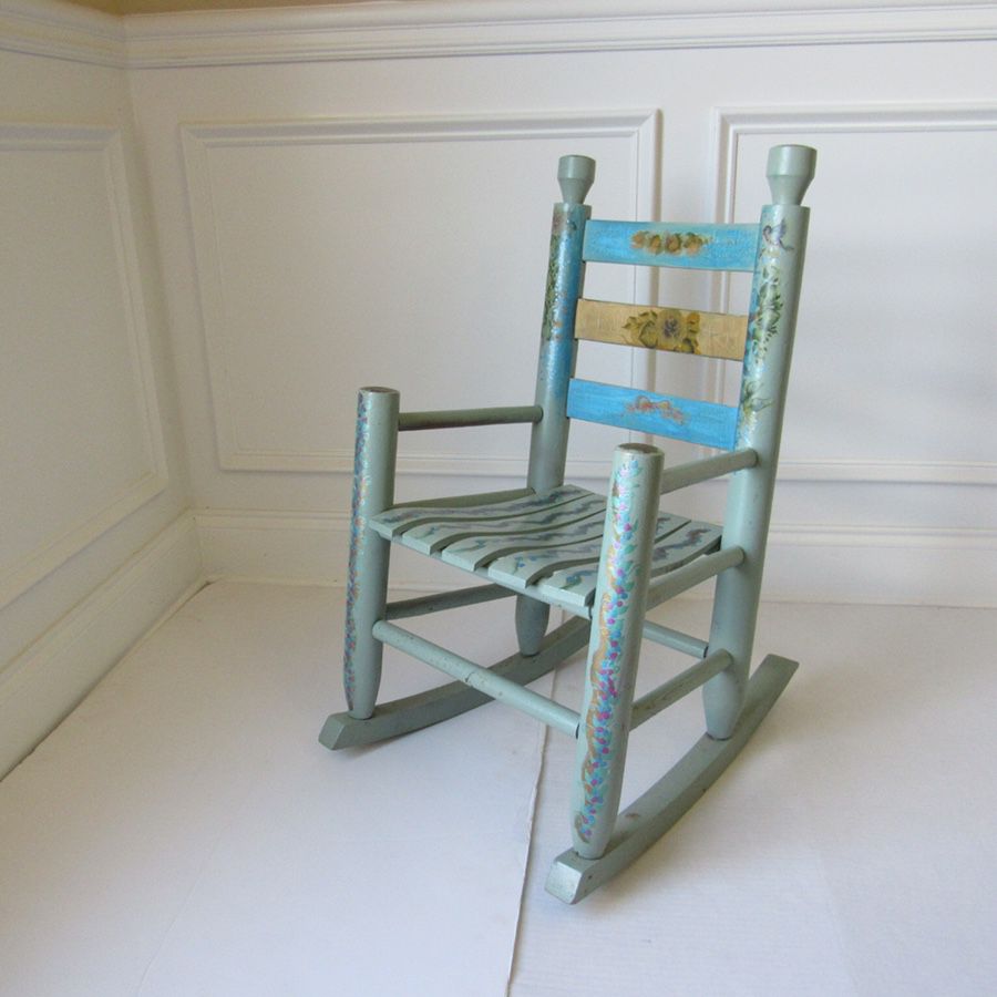 Antique Vintage Rocking Chair Childrebs Kids Small Solid Wood Light Blue Hand Painted Great condition Measurements: 28” H x 16” W x 13” D