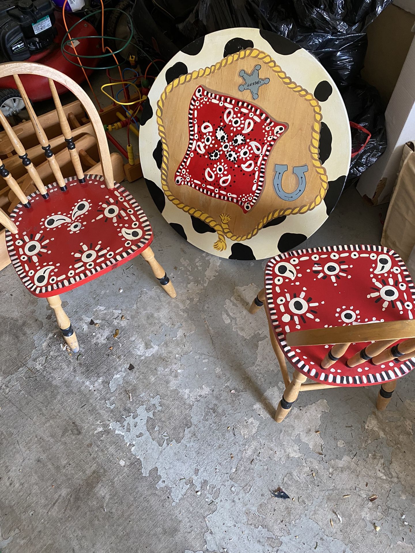 Hand Painted Childrens Table And Chairs. Table Needs Legs.