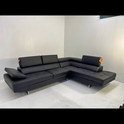 Modern Black Leather L shaped Sectional Sofa