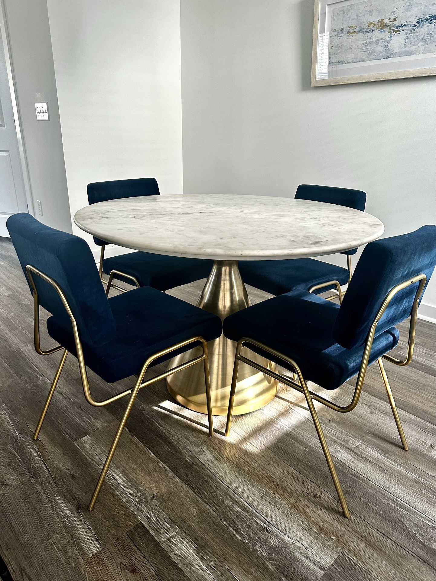 West Elm Marble Table and Blue/Gold dining chairs ($1,200 off retail)