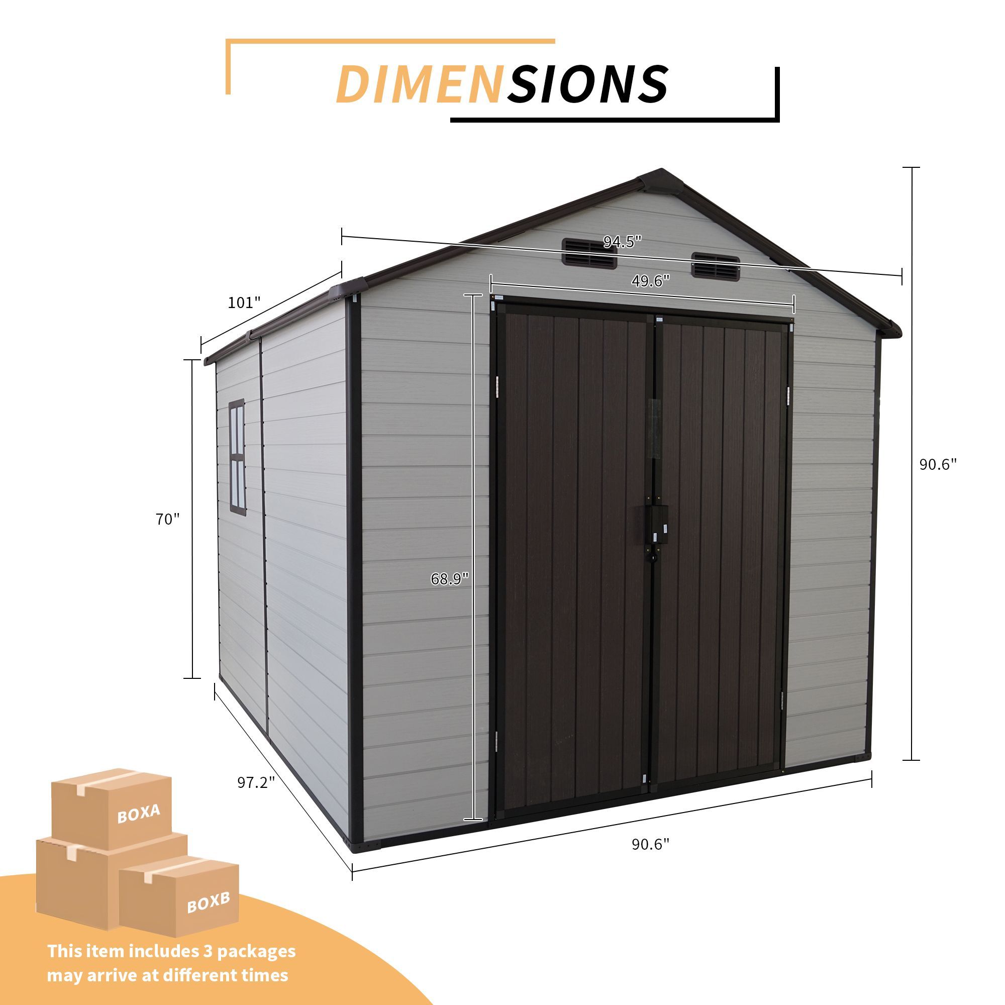 8x8x7.6FT Outdoor Resin Storage Shed with Windows, Strong Aluminum Frame & Floor for Garden, Backyard Organization (White+Brown)