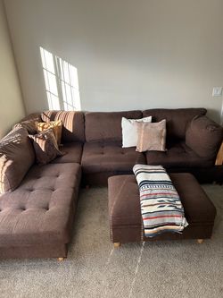 Brown Sectional Sofa / Couch with Ottoman