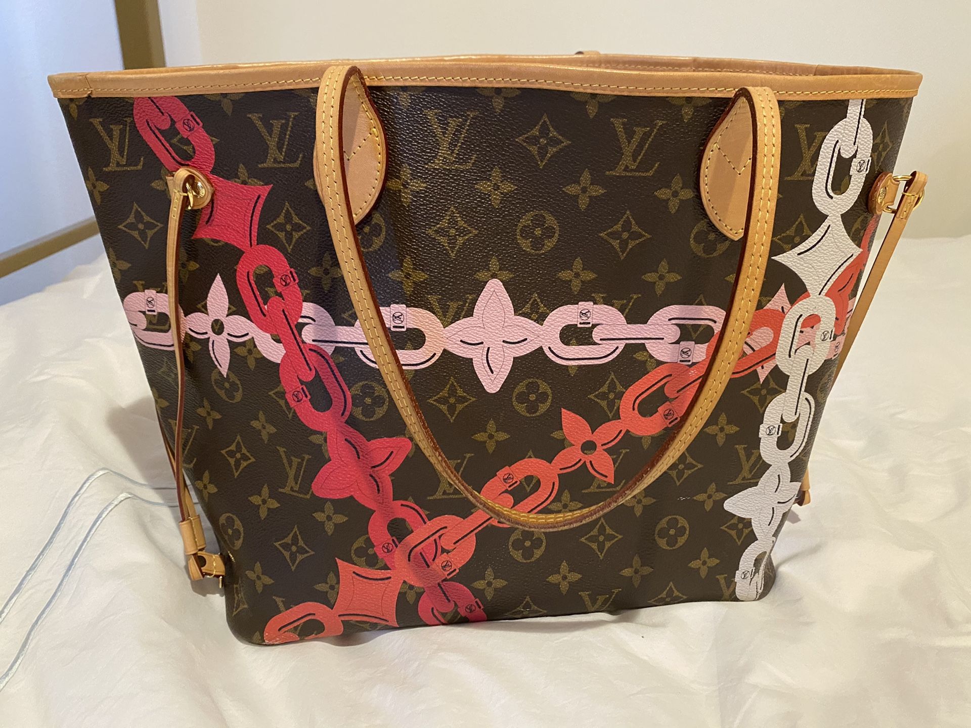 Louis Vuitton Neverfull Mm Ca 1146 Poppy Pink and White Monogram Canvas Tote