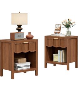 New-Wood Night Stand with Drawers, Fluted Night Stand Set of 2, Mid Century Small Side Table for Bedroom, Modern Bedside Table for Living Room, Entryw
