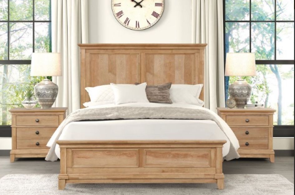 Beige Bed - Queen & King Size Available - Farmhouse Natural Oak Wooden Bed