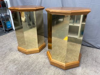 Vintage Mirrored Brass Octagonal Wood Tables (Set of 2)