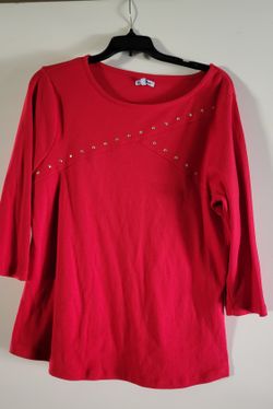 Women's  Red Blouse, 3/4 Sleeve, with Gold Rivets
