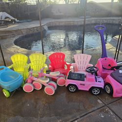 Kids balance bikes, push car, chairs, wheel barrow, jeep