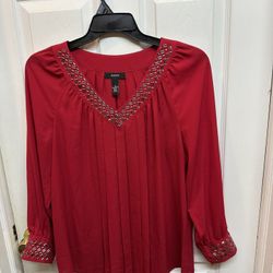 Alfani Red Embellished With Rhinestones Size 10 Long Sleeves V-Neck Great Condition 