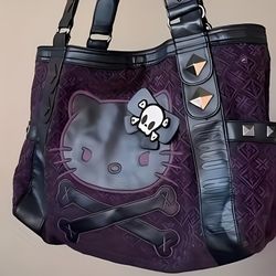 Sanrio Authentic for hello kitty Vintage Purple Tote Bag With Black Trim - Y2K Gothic Style, Durable Nylon, Zipper Closure, Versatile Underarm Tote, E