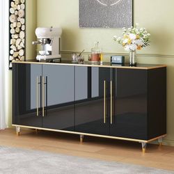 63" Sideboard Buffet Cabinet with Storage, Console Cabinets with Adjustable Shelves & Doors, High Glossy Black and Gold Sideboards for Living Room Kit
