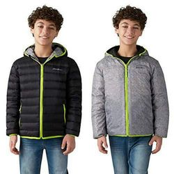 Boys Reversible Hooded Down Jacket Black Grey Size 7-8 Winter Puffer