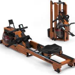 Water Rowing Machine for Home Use, WENOKER Wooden Foldable Rower Machine with Dedicated Monitor & Bluetooth APP, Large Water Tank & Comfortable Seat f