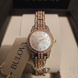 NEW LADIE'S NICE LUXURY ROSE GOLD TONE, 100% ORIGINAL BULOVA BRACELETE WATCH.