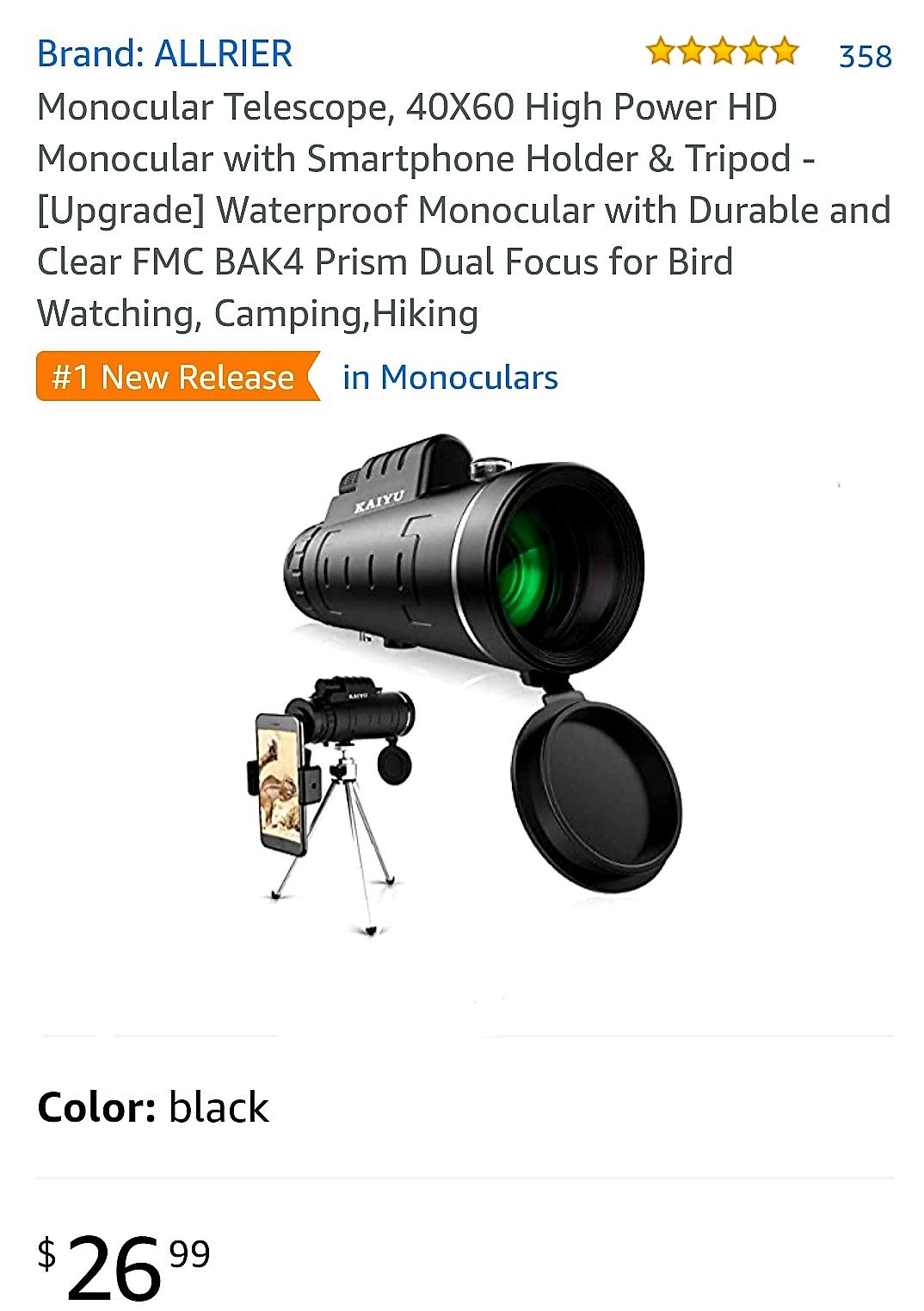 Monocular Telescope, 40X60 High Power HD Monocular with Smartphone Holder & Tripod - [Upgrade] Waterproof Monocular with Durable and Clear FMC BAK