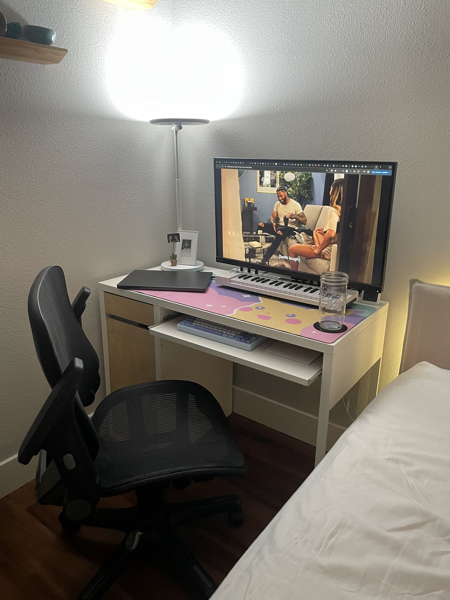 White IKEA Micke Desk With Keyboard Tray