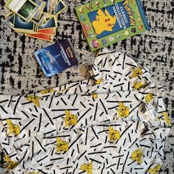 Pokémon Pikachu Bundle Boys Hawaiian Short Sleeve Button Up Collared Shirt, Size Medium 8, Book, Energy Trainer Cards 