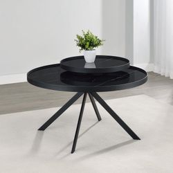 **SALE** Round Marble Printed Glass Two-Tier Coffee Table In Black!  