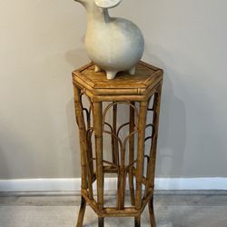 Vintage Hexagonal Tortoise Burnt Bamboo Plant Stand English Colonial Pedestal