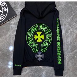 Chrome Hoodie Hearts Neon Green Cross Patch  Denim Black Metal Logo Hooded Jacket Tears S, M, L, XL Coat 