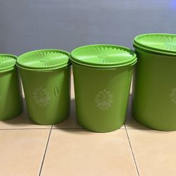 Old fashioned green Tupperware, canastiers, Flour, Sugar, Coffee, Tea.