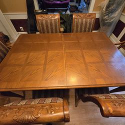 6-person Solid Wood Dining Table Set w/Chairs and Leaf Inserts