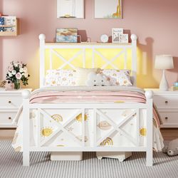 DynJest Twin White Bed Frame With LED Lights and Charging Station