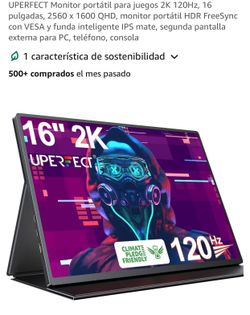 UPERFECT Monitor portátil para juegos 2K 120Hz, 16 pulgadas, 2560 x 1600 QHD, monitor portátil HDR FreeSync con VESA y funda inteligente IPS mate, seg