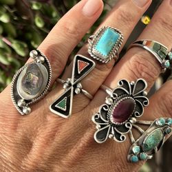 Vintage Native Turquoise Semi Precious Gemstone Rings Retro Coral Jewelry Unique Bands Cocktail Rings Statement Abalone  