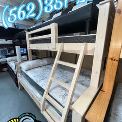 White Wash Complete Bunk Bed Twin Over Full With Mattresses Included 