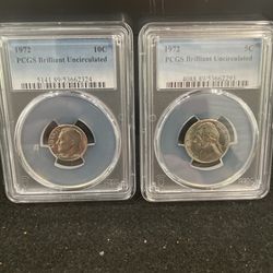 1972 P Brilliant Uncirculated Jefferson Nickel And Roosevelt Dime Graded By PGCS 
