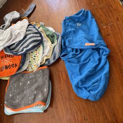 23 Bibs, Baby swaddle, 3 Burp Cloths, Wash Rag, 2 Baby Bottles With New Nipples, And Bath Robe
