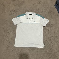 Grey white and teal boss shirt