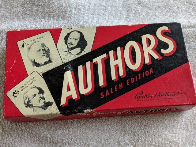 1943 vintage Parker Brothers Game of Authors. This boxed game consists of many illustrated cards. Here is a list of some authors: James Russell