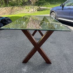 Table - Refinished Glass top beveled edge wood base Dinning Table 