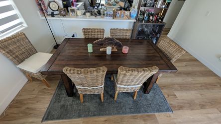 Pottery Barn Dining Table + 6 Pier 1 Chairs + Woven Coffee Table