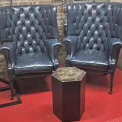 Pair of Genuine Leather Chesterfield Wingback Chairs - Navy Blue - $1800 OBO + Free Table