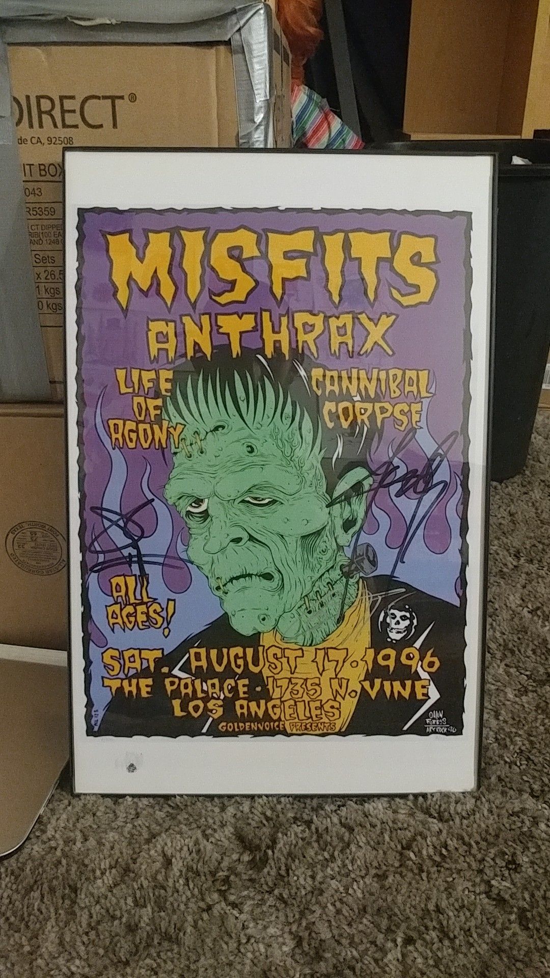 Misfits Anthrax concert poster printed and signed by Jerry Only ,Glen Danzig, Doyle Von Frankenstein