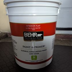 NEW 5 GALLON BEAR PREMIUM PLUS PAINT AND PRIMER, PURCHASED A FEW AND HAD ONE LEFT OVER FROM JOB, LIGHT TAN