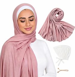 Soft Modal Jersey Hijab Scarf with Undercap for Women, Pink Muslim Stretchy Long Head Wrap Islamic Shawl Set Ready to Wear Shawl for Prayer (Pink Hija