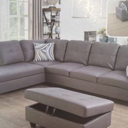 Grey Leather Sectional Couch And Ottoman